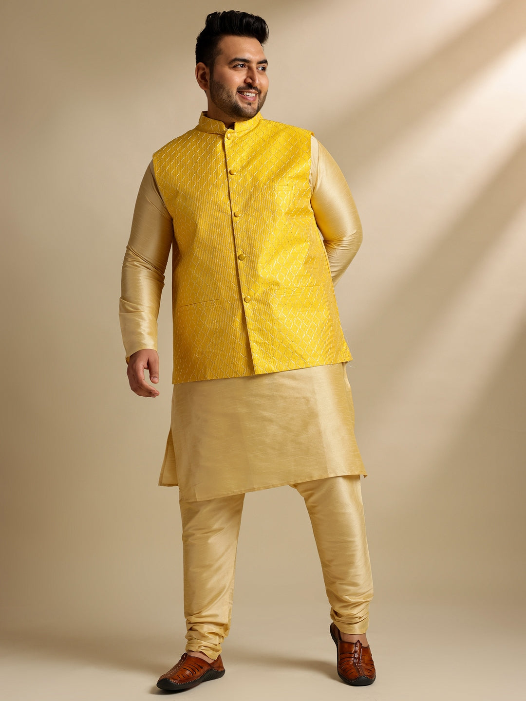 Men's Silk Blend Gold Kurta & Pyjama With Embroidered Yellow Nehru Jacket