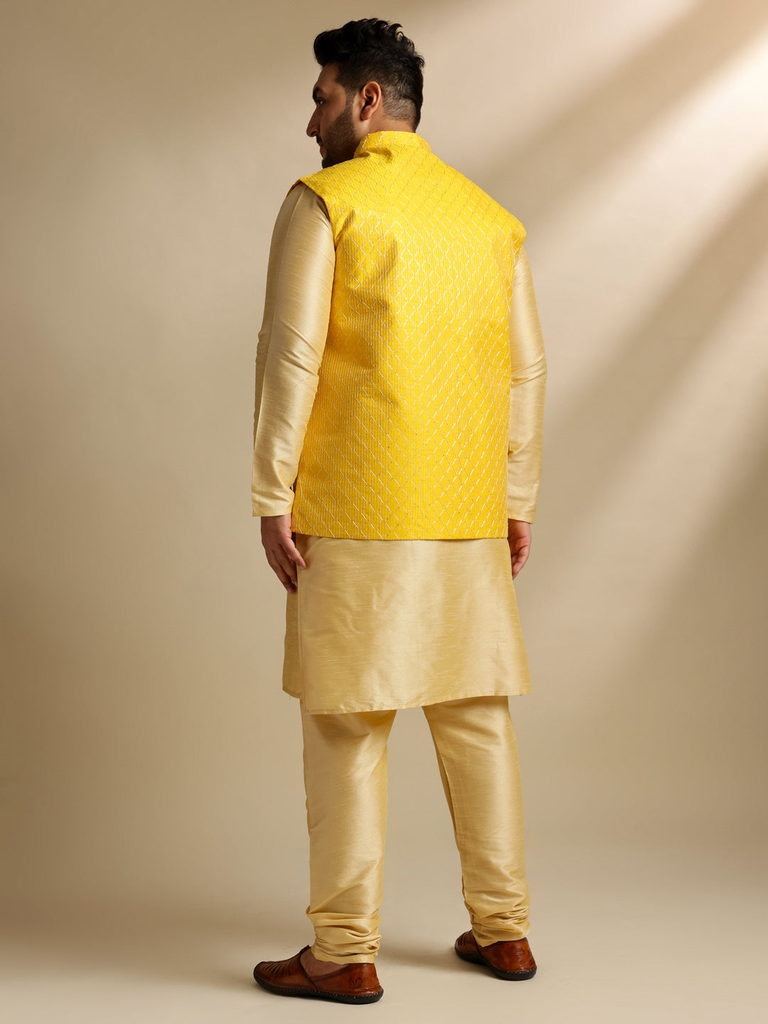 Men's Silk Blend Gold Kurta & Pyjama With Embroidered Yellow Nehru Jacket
