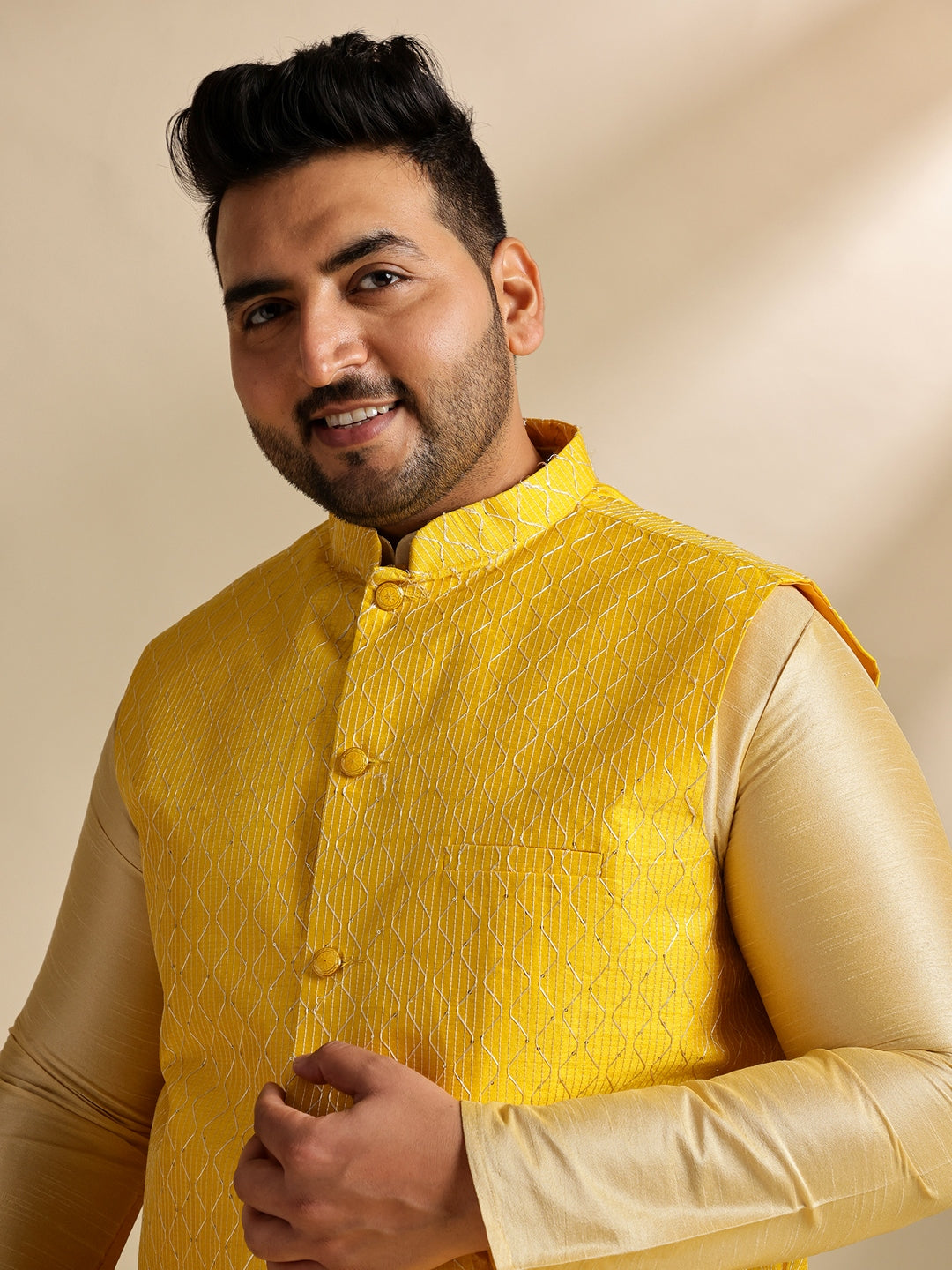 Men's Silk Blend Gold Kurta & Pyjama With Embroidered Yellow Nehru Jacket
