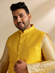 Men's Silk Blend Gold Kurta & Pyjama With Embroidered Yellow Nehru Jacket