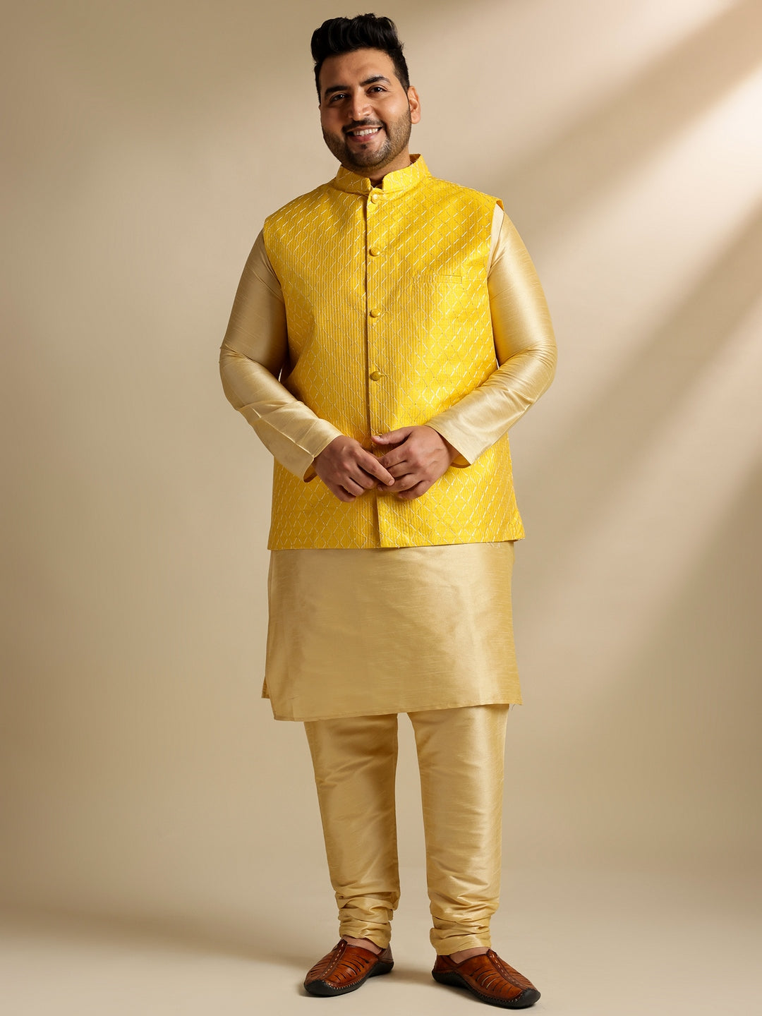 Men's Silk Blend Gold Kurta & Pyjama With Embroidered Yellow Nehru Jacket