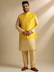 Men's Silk Blend Gold Kurta & Pyjama With Embroidered Yellow Nehru Jacket