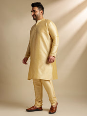 Men's Silk Blend Gold Kurta & Pyjama With Embroidered Yellow Nehru Jacket