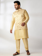 Men's Silk Blend Gold Kurta & Pyjama With Printed Yellow Nehru Jacket