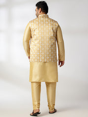 Men's Silk Blend Gold Kurta & Pyjama With Printed Yellow Nehru Jacket