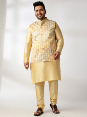 Men's Silk Blend Gold Kurta & Pyjama With Printed Yellow Nehru Jacket
