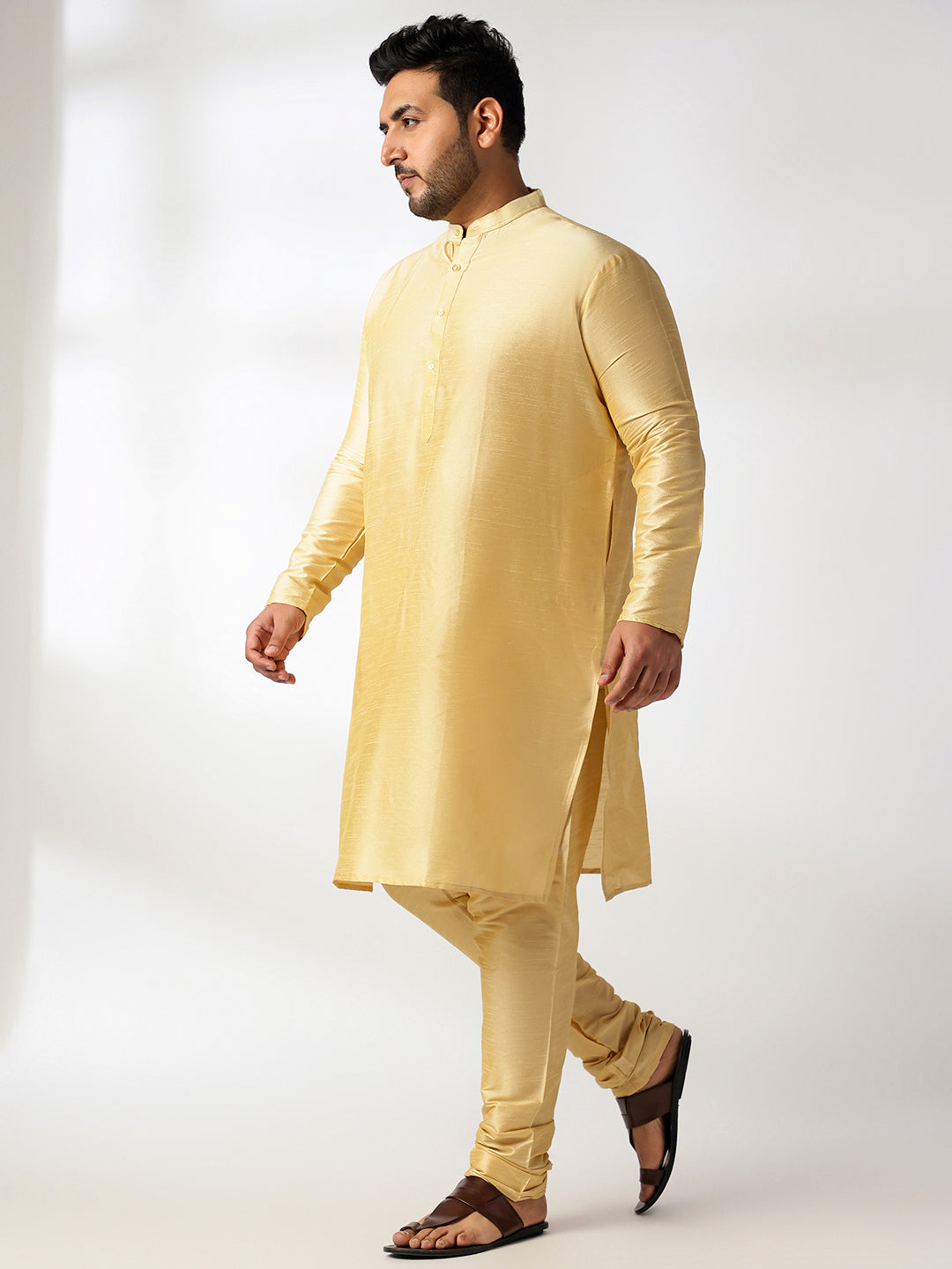 Men's Silk Blend Gold Kurta & Pyjama With Printed Yellow Nehru Jacket