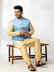 Men's Silk Blend Gold Kurta & Pyjama With Printed Blue Nehru Jacket