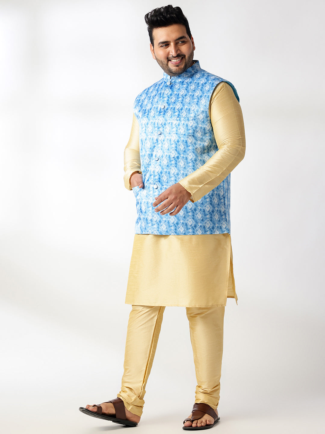 Men's Silk Blend Gold Kurta & Pyjama With Printed Blue Nehru Jacket