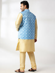 Men's Silk Blend Gold Kurta & Pyjama With Printed Blue Nehru Jacket