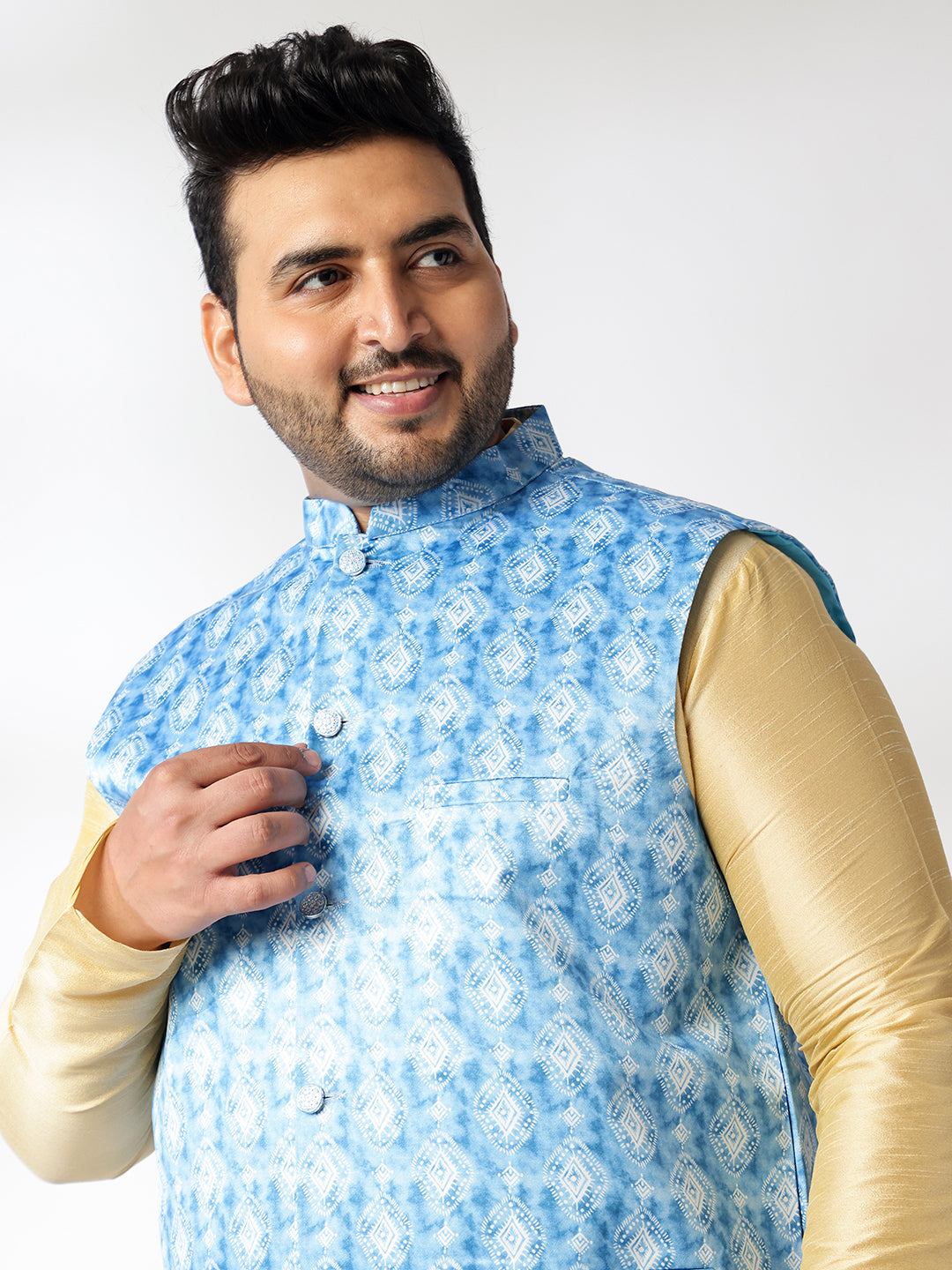 Men's Silk Blend Gold Kurta & Pyjama With Printed Blue Nehru Jacket