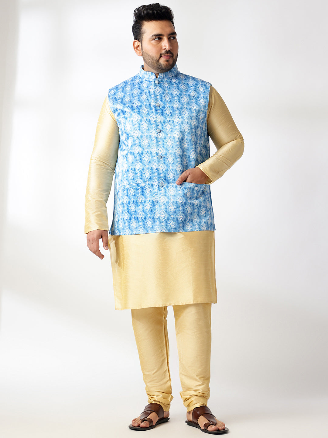 Men's Silk Blend Gold Kurta & Pyjama With Printed Blue Nehru Jacket