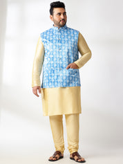 Men's Silk Blend Gold Kurta & Pyjama With Printed Blue Nehru Jacket