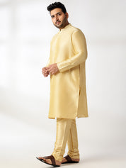 Men's Silk Blend Gold Kurta & Pyjama With Printed Blue Nehru Jacket