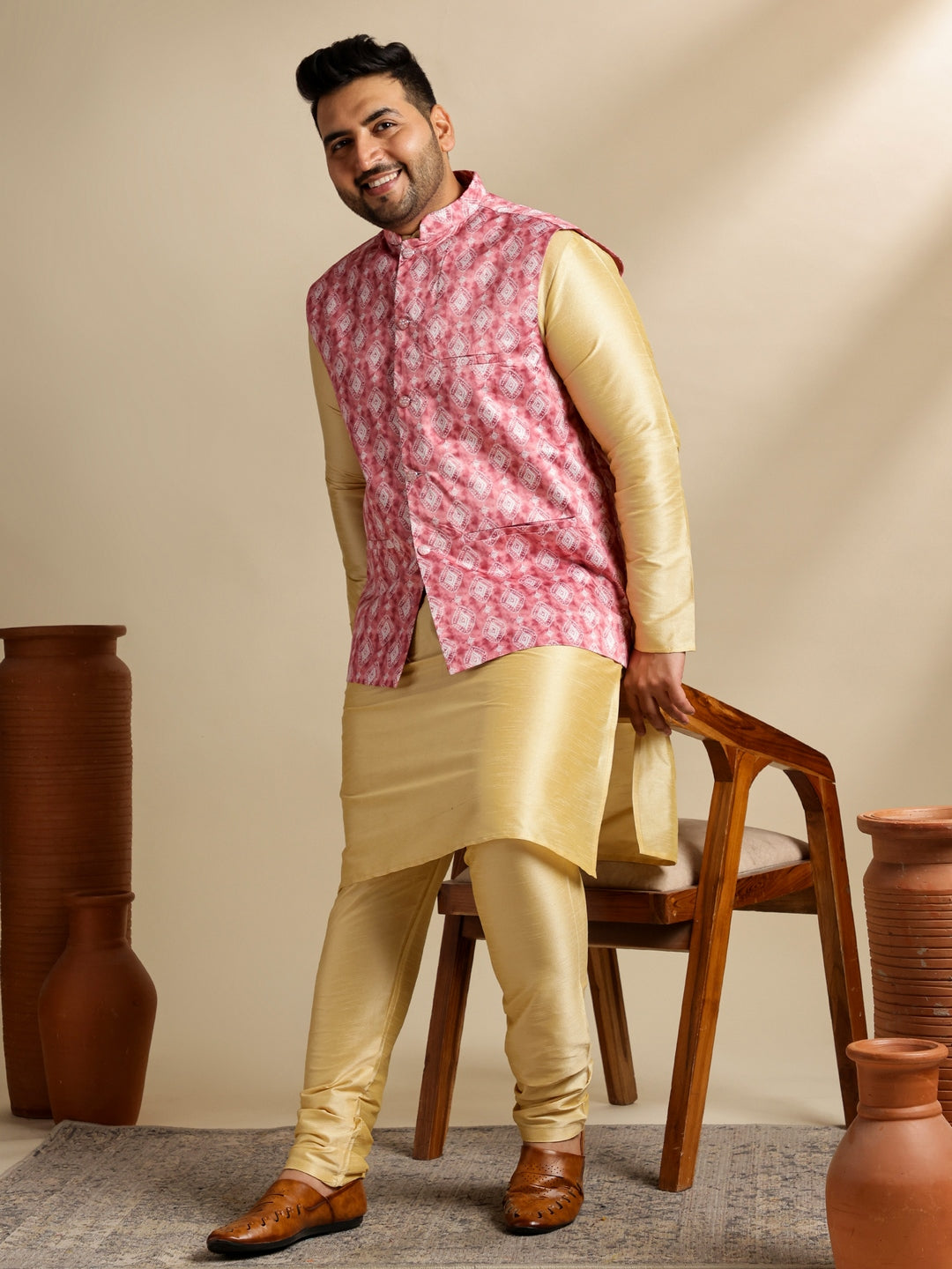 Men's Silk Blend Gold Kurta & Pyjama With Printed Coral Nehru Jacket ...