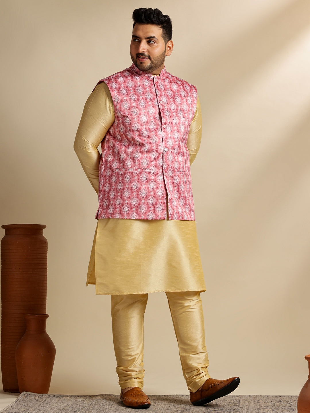 Men's Silk Blend Gold Kurta & Pyjama With Printed Coral Nehru Jacket
