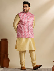 Men's Silk Blend Gold Kurta & Pyjama With Printed Coral Nehru Jacket