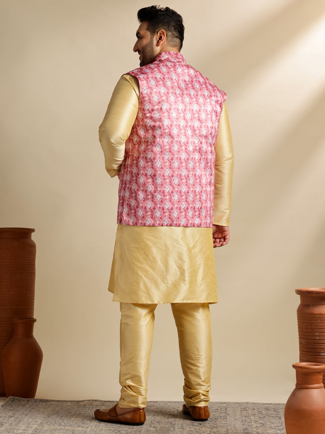 Men's Silk Blend Gold Kurta & Pyjama With Printed Coral Nehru Jacket