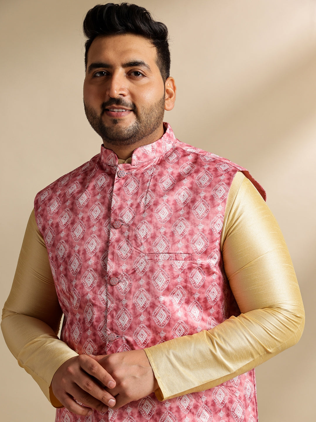 Men's Silk Blend Gold Kurta & Pyjama With Printed Coral Nehru Jacket