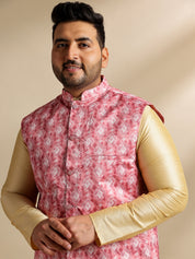 Men's Silk Blend Gold Kurta & Pyjama With Printed Coral Nehru Jacket
