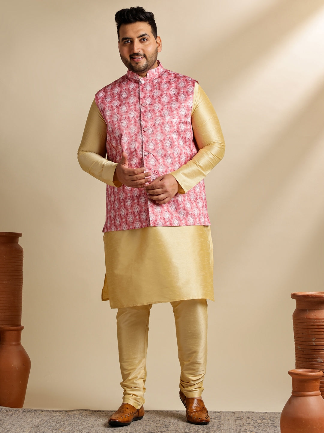 Men's Silk Blend Gold Kurta & Pyjama With Printed Coral Nehru Jacket