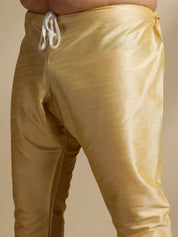 Men's Silk Blend Gold Kurta & Pyjama With Printed Coral Nehru Jacket