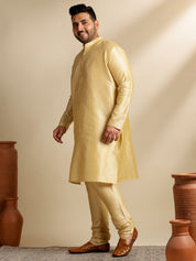 Men's Silk Blend Gold Kurta & Pyjama With Printed Coral Nehru Jacket