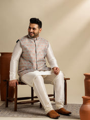 Men's Silk Blend Cream Kurta & Pyjama With Green Nehru Jacket