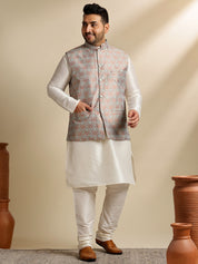 Men's Silk Blend Cream Kurta & Pyjama With Green Nehru Jacket