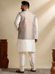Men's Silk Blend Cream Kurta & Pyjama With Green Nehru Jacket