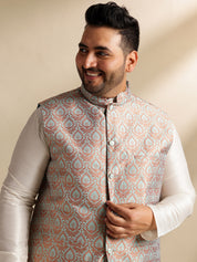 Men's Silk Blend Cream Kurta & Pyjama With Green Nehru Jacket