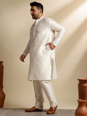 Men's Silk Blend Cream Kurta & Pyjama With Green Nehru Jacket