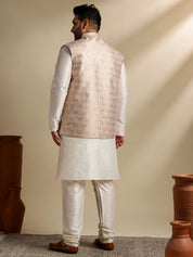 Men's Silk Blend Cream Kurta & Pyjama With Cream Nehru Jacket