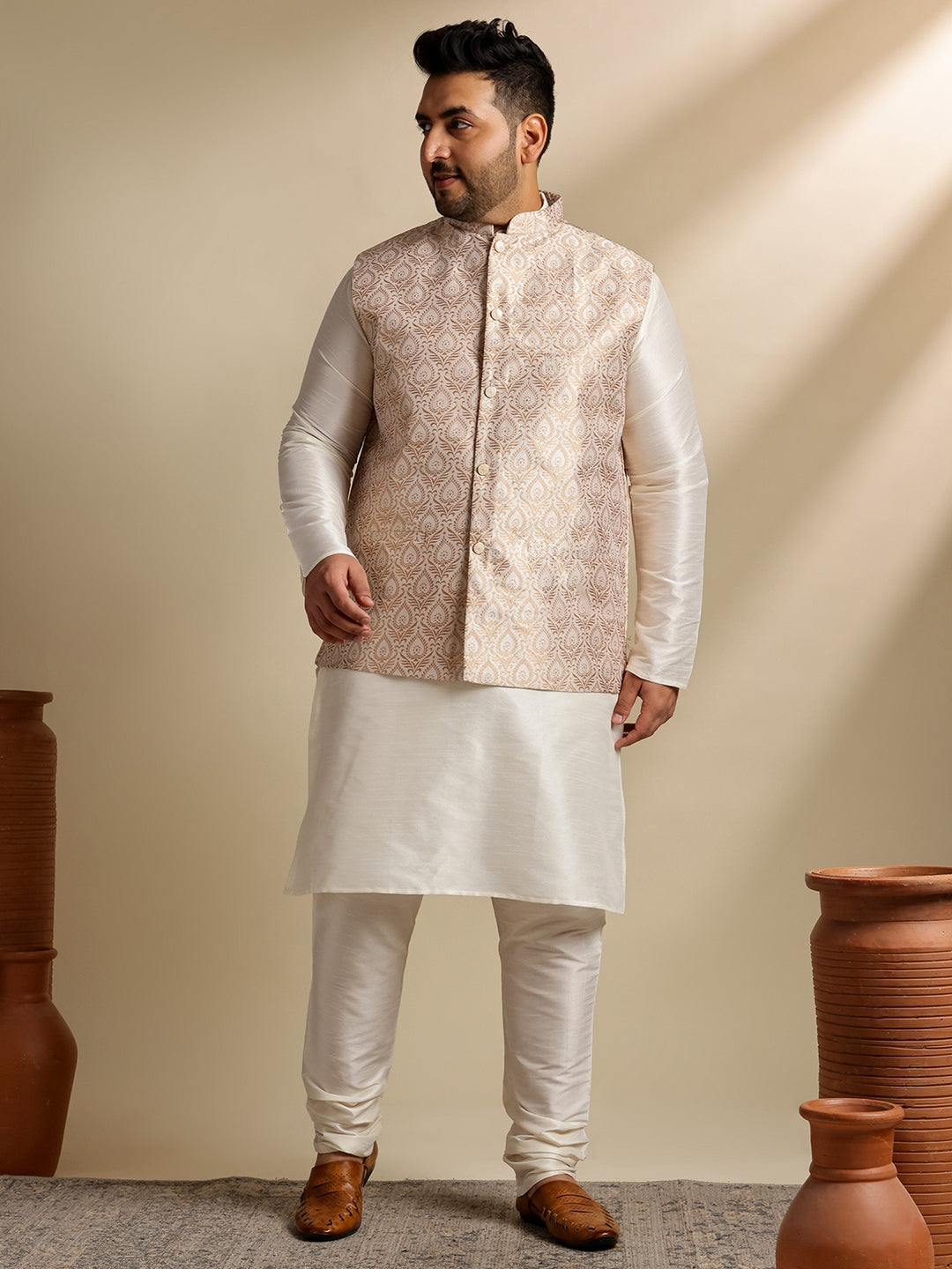 Men's Silk Blend Cream Kurta & Pyjama With Cream Nehru Jacket