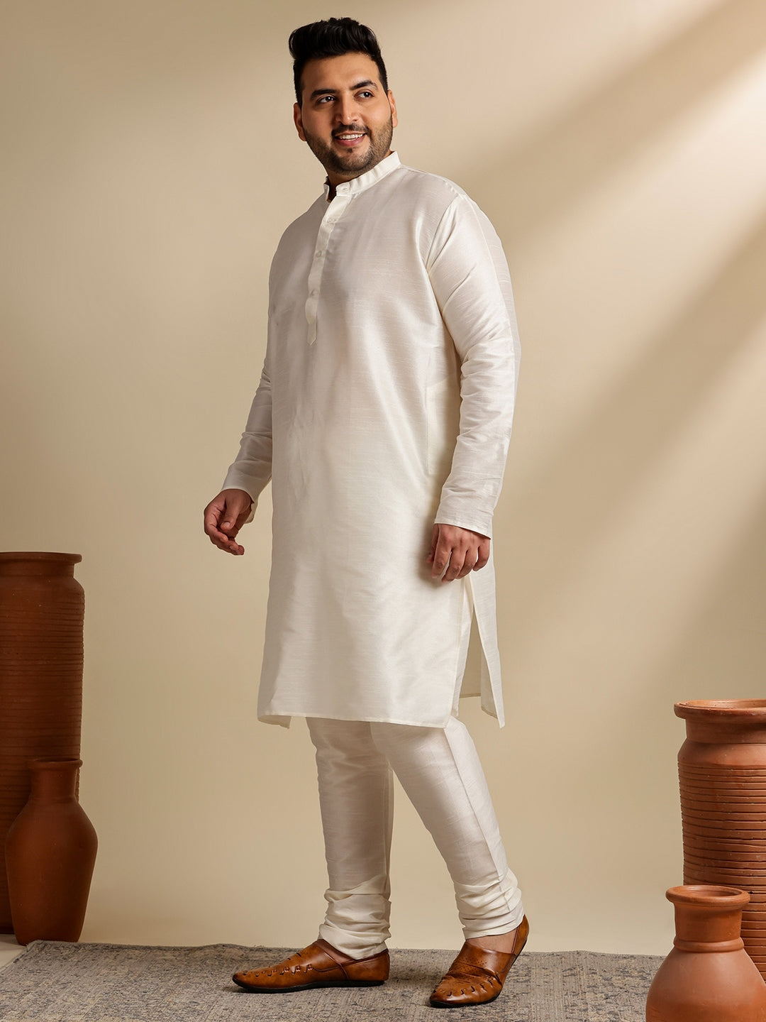 Men's Silk Blend Cream Kurta & Pyjama With Cream Nehru Jacket