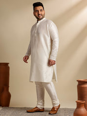 Men's Silk Blend Cream Kurta & Pyjama With Cream Nehru Jacket