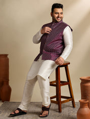 Men's Silk Blend Cream Kurta & Pyjama With Embroidered Wine Nehru Jacket