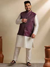 Men's Silk Blend Cream Kurta & Pyjama With Embroidered Wine Nehru Jacket