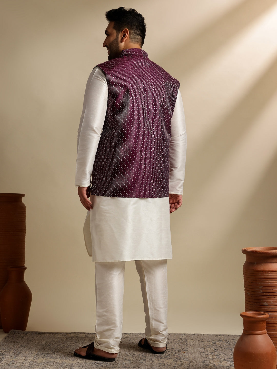 Men's Silk Blend Cream Kurta & Pyjama With Embroidered Wine Nehru Jacket