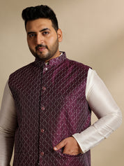 Men's Silk Blend Cream Kurta & Pyjama With Embroidered Wine Nehru Jacket