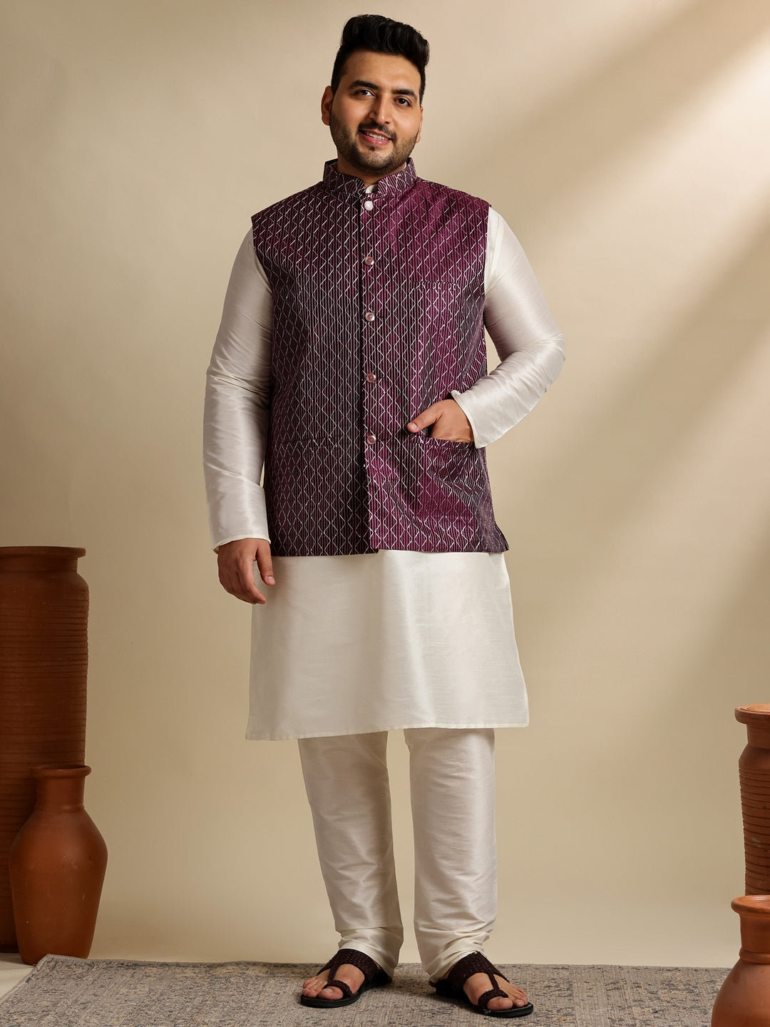 Men's Silk Blend Cream Kurta & Pyjama With Embroidered Wine Nehru Jacket