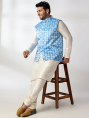 Men's Silk Blend Cream Kurta & Pyjama With Printed Blue Nehru Jacket