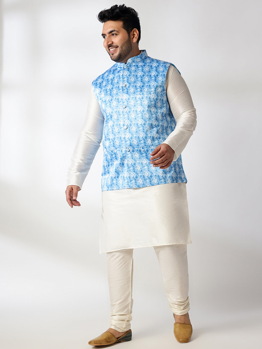 Men's Silk Blend Cream Kurta & Pyjama With Printed Blue Nehru Jacket