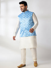 Men's Silk Blend Cream Kurta & Pyjama With Printed Blue Nehru Jacket