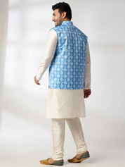 Men's Silk Blend Cream Kurta & Pyjama With Printed Blue Nehru Jacket