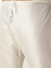 Men's Silk Blend Cream Kurta & Pyjama With Printed Blue Nehru Jacket