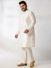 Men's Silk Blend Cream Kurta & Pyjama With Printed Blue Nehru Jacket