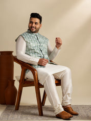 Men's Silk Blend Cream Kurta & Pyjama With Printed Green Nehru Jacket