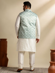 Men's Silk Blend Cream Kurta & Pyjama With Printed Green Nehru Jacket