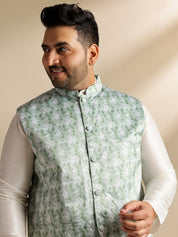 Men's Silk Blend Cream Kurta & Pyjama With Printed Green Nehru Jacket